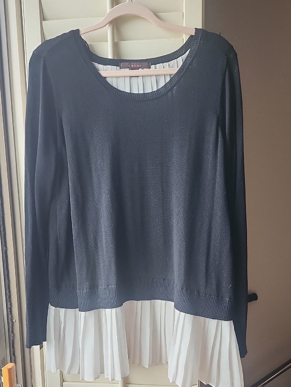 Fever Black Long Sleeve Sweater Top with White Pleated Hem